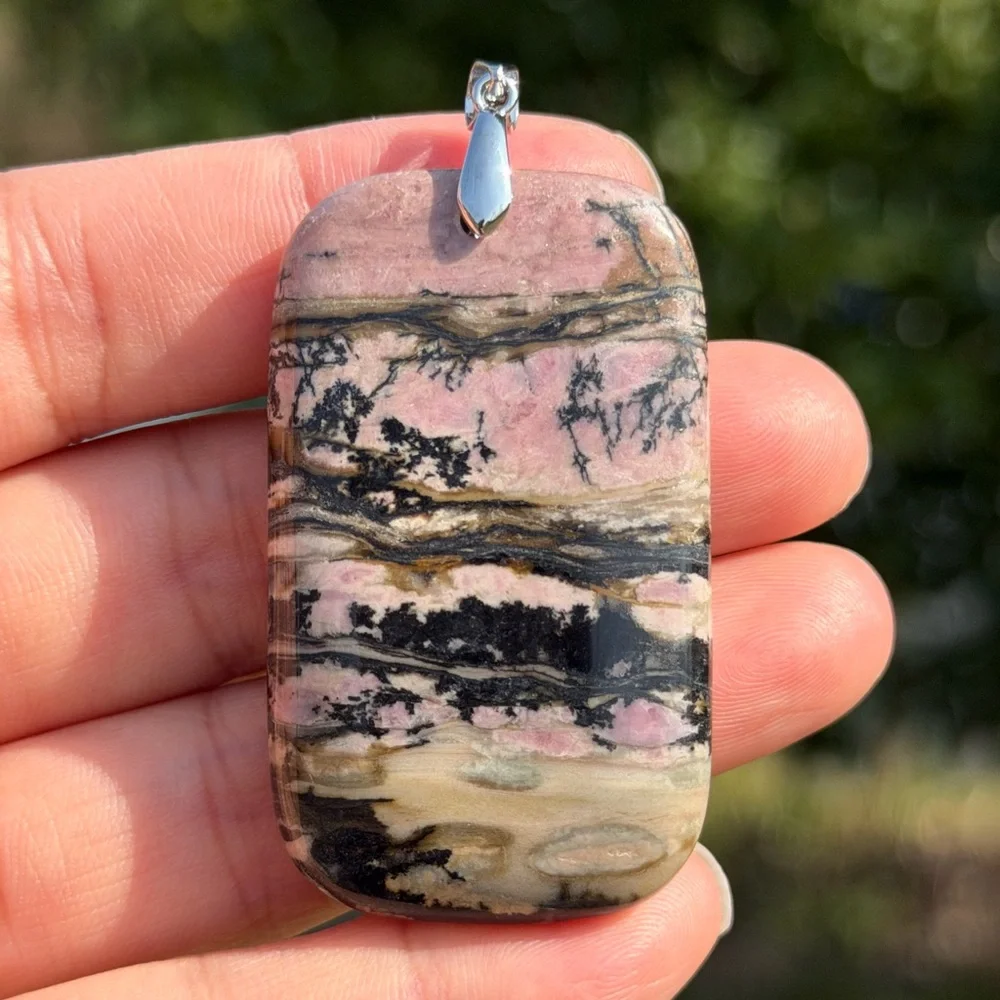 Sterling silver 925 stamped rectangular scenic rhodonite‎ pendant 1036